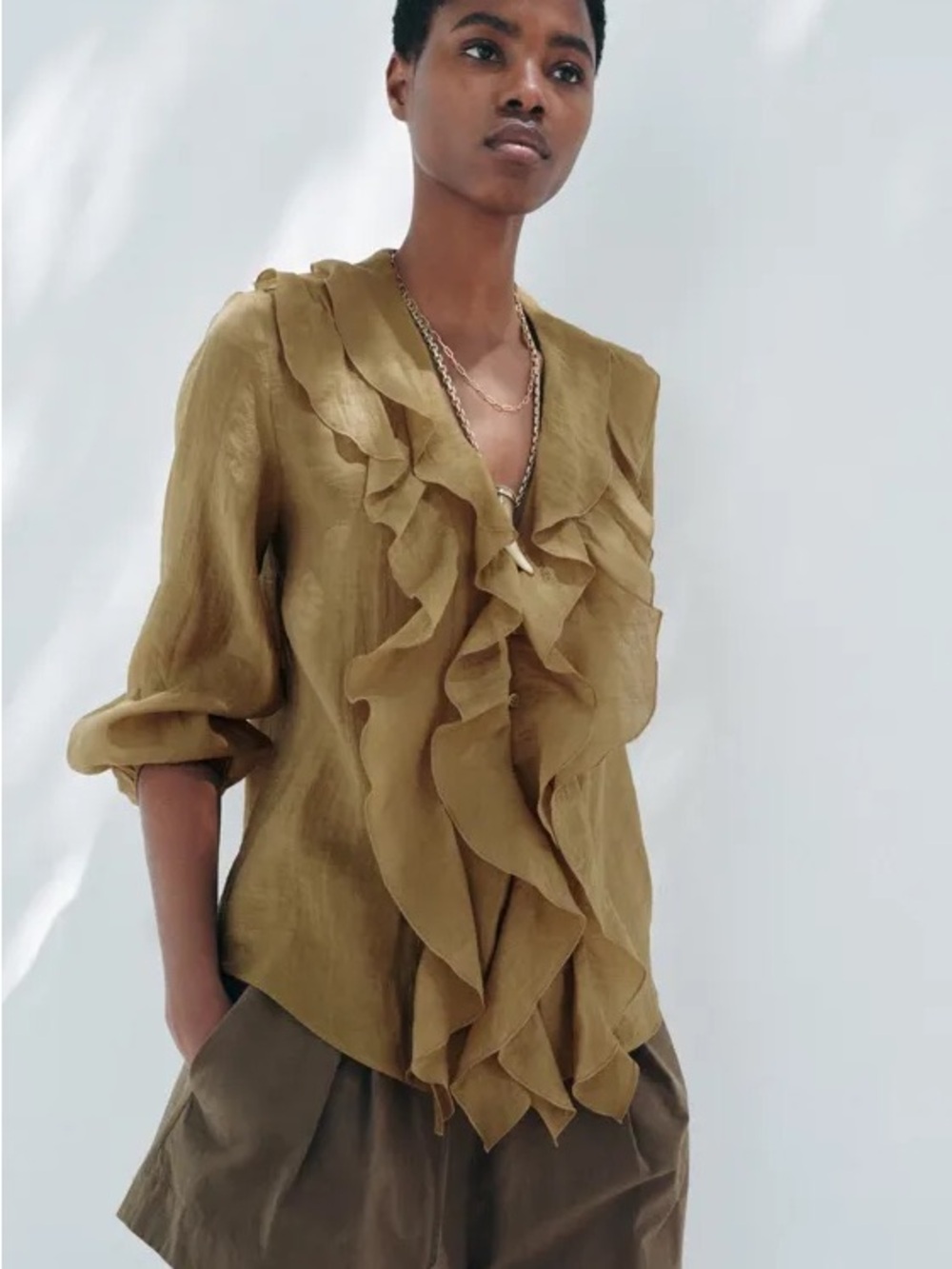 NWT ZW Collection Zara Olive Green Ruffled Blouse size S